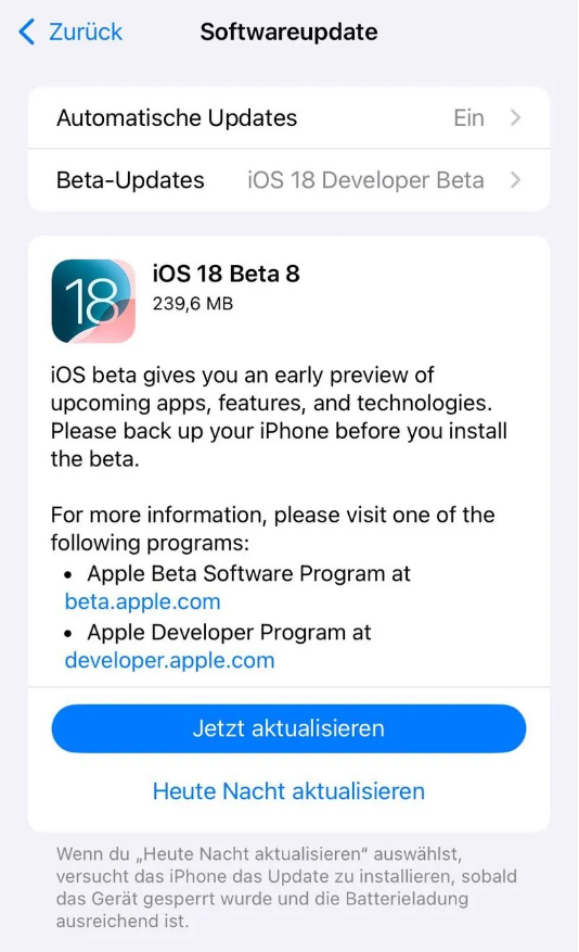 五龙口镇苹果手机维修分享苹果 iOS / iPadOS 18 开发者预览版 Beta 8 发布 